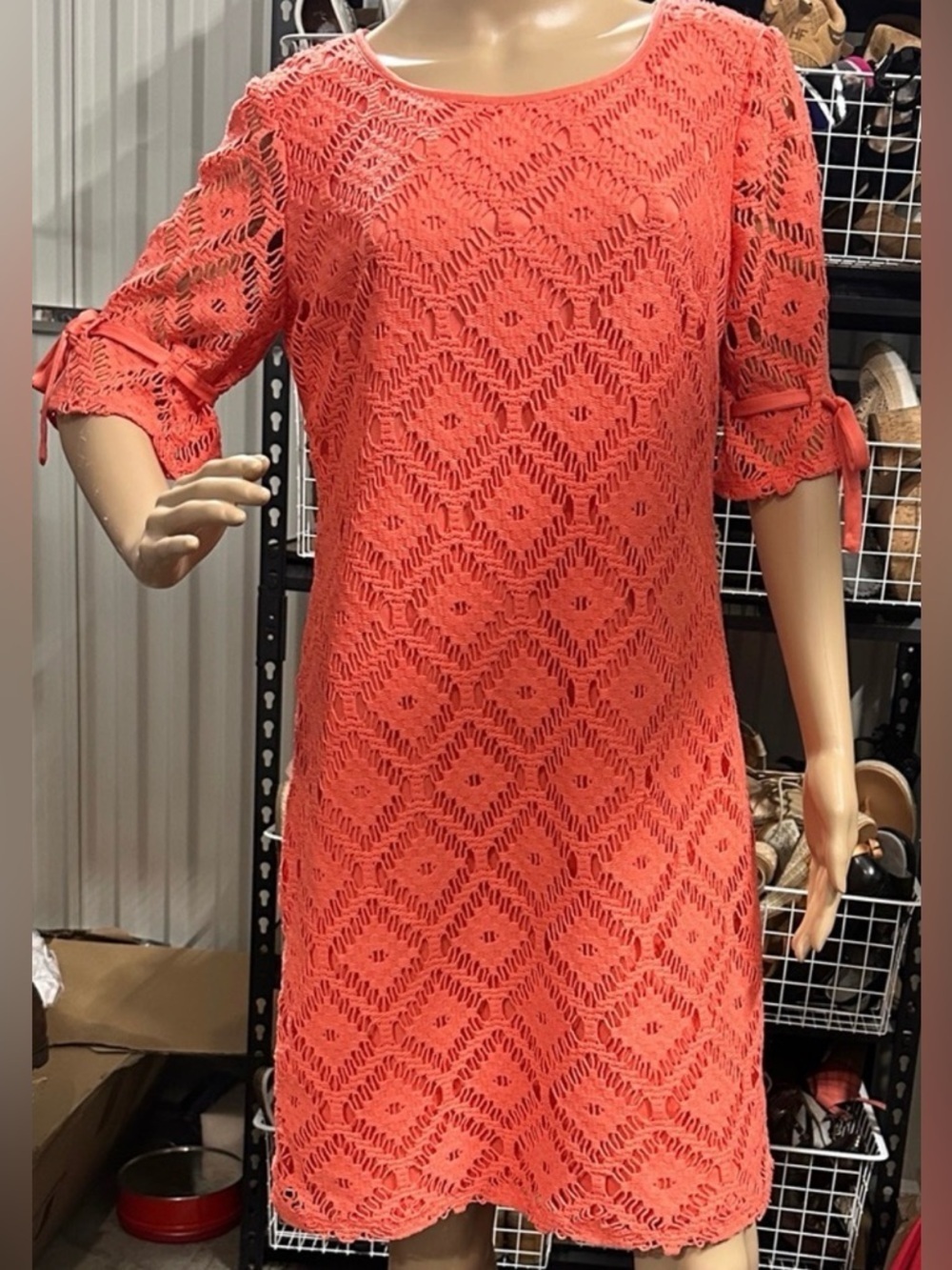 Elegant Coral Lace Midi Dress